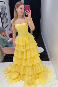 Spaghetti Straps A-Line Square Two Tone Tiered Party Prom Dress