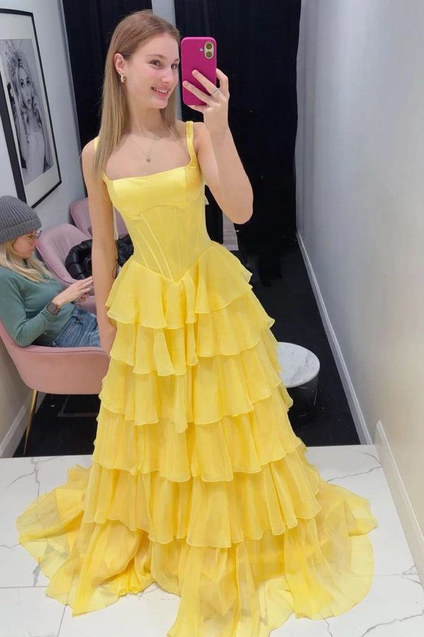 Spaghetti Straps A-Line Square Two Tone Tiered Party Prom Dress