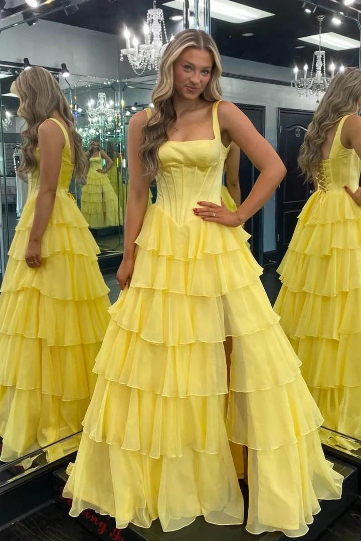 Spaghetti Straps A-Line Square Two Tone Tiered Party Prom Dress