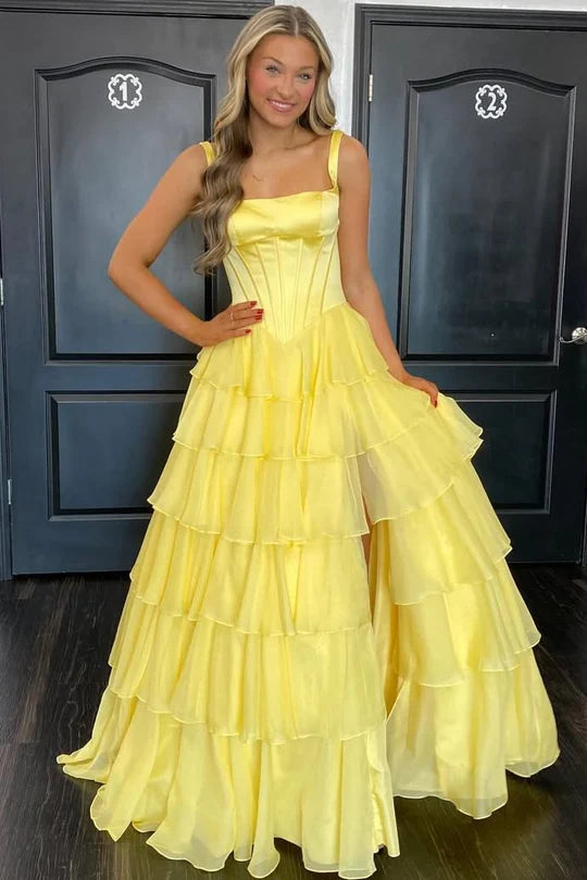 Spaghetti Straps A-Line Square Two Tone Tiered Party Prom Dress