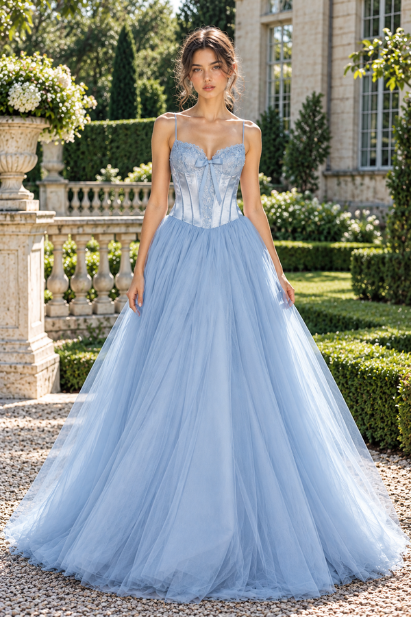 Spaghetti Straps A-Line Sweetheart Lace Appliques Tulle Party Prom Dress