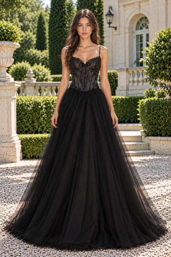 Spaghetti Straps A-Line Sweetheart Lace Appliques Tulle Party Prom Dress