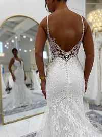 Spaghetti Straps Backless Mermaid Lace Wedding Dress With Train