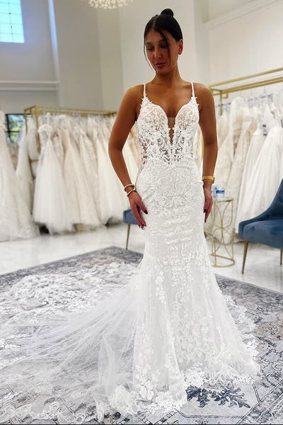 Spaghetti Straps Backless Mermaid Lace Wedding Dress With Train