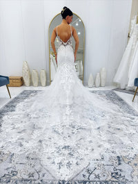 Spaghetti Straps Backless Mermaid Lace Wedding Dress With Train