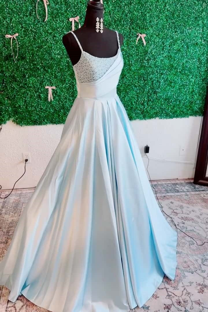 Spaghetti Straps Bateau Maxi Satin A-Line Party Prom Dress