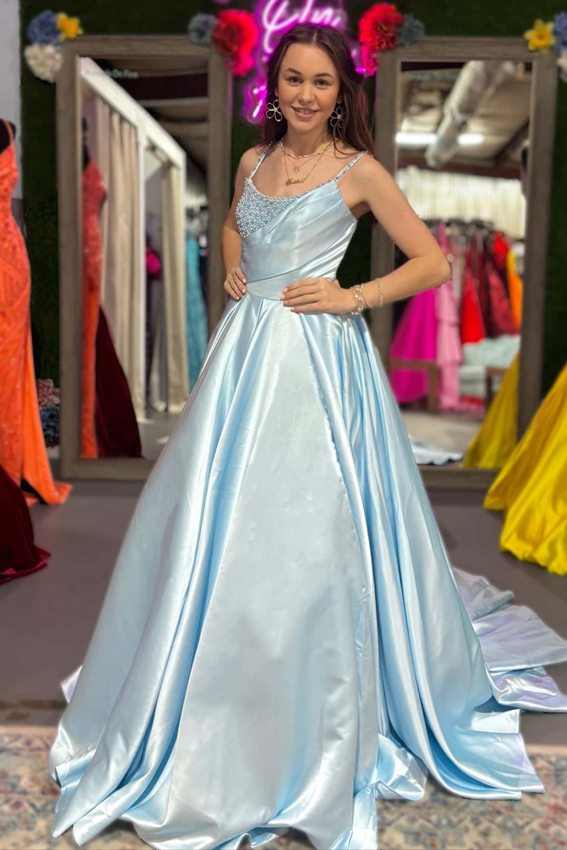 Spaghetti Straps Bateau Maxi Satin A-Line Party Prom Dress