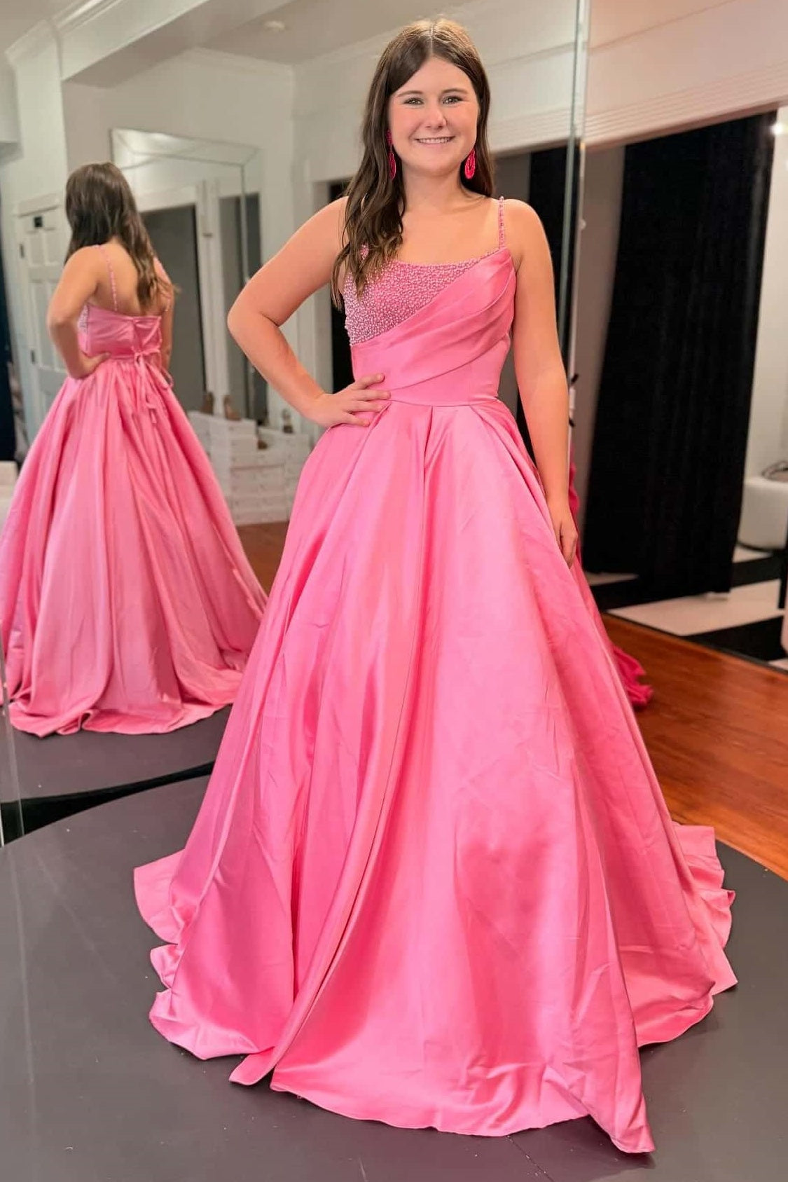 Spaghetti Straps Bateau Maxi Satin A-Line Party Prom Dress