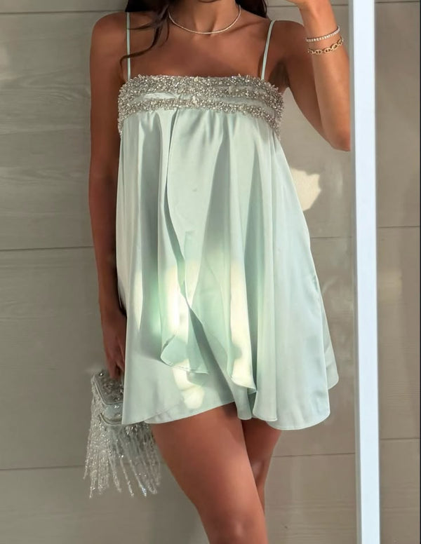 Spaghetti Straps Beaded Top Satin A-Line Homecoming Party Dress