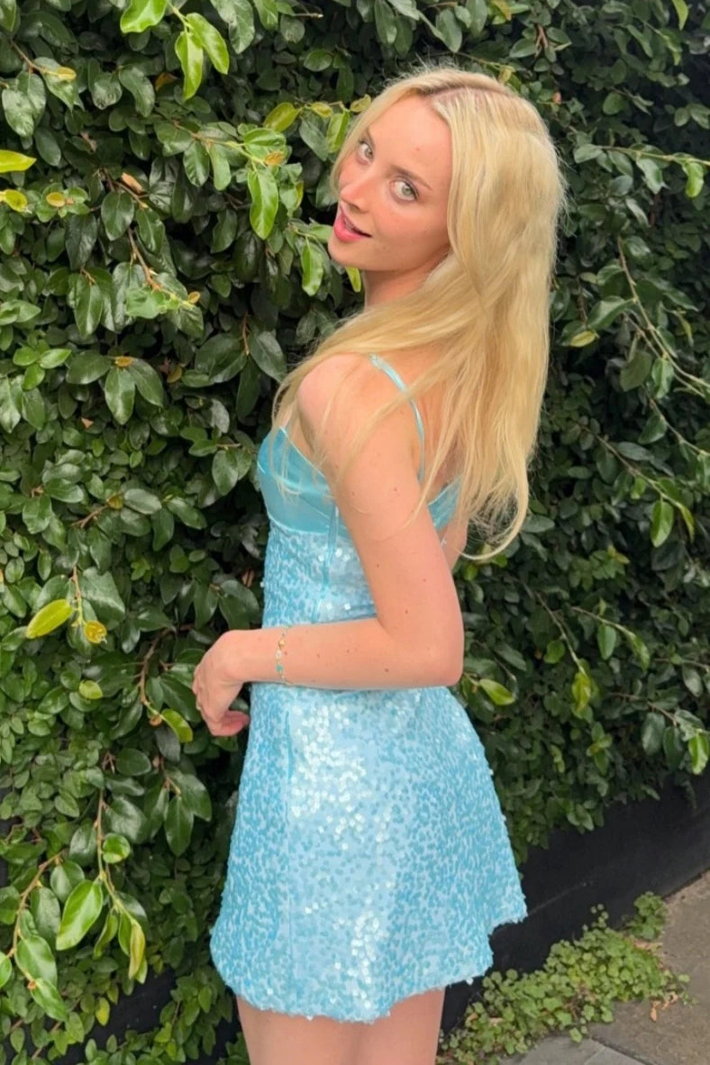 Spaghetti Straps Boat Satin And Sequin Homecoming Dress