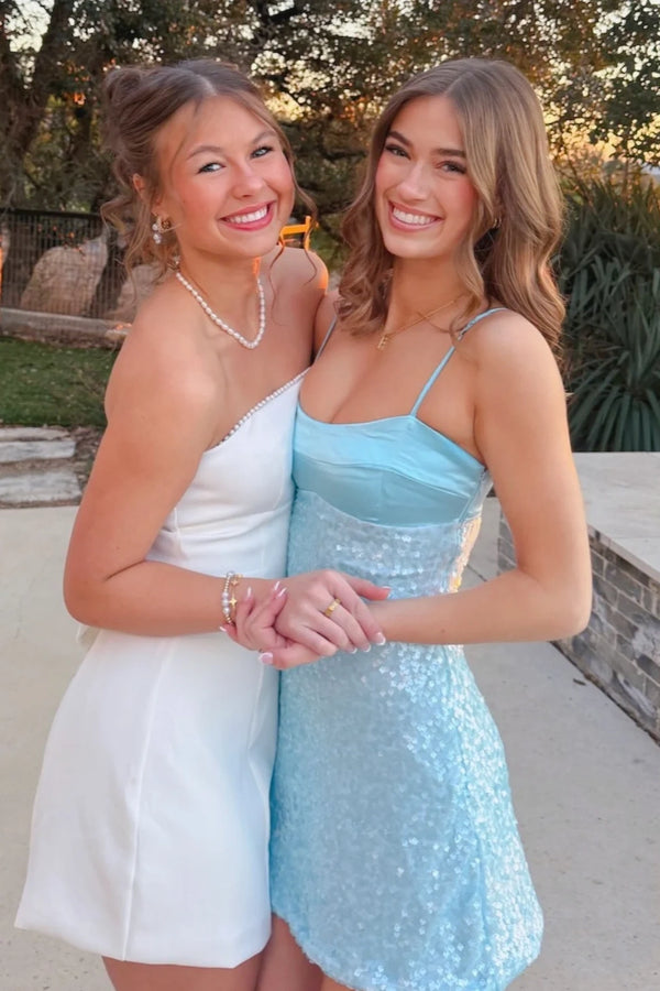Spaghetti Straps Boat Satin And Sequin Homecoming Dress