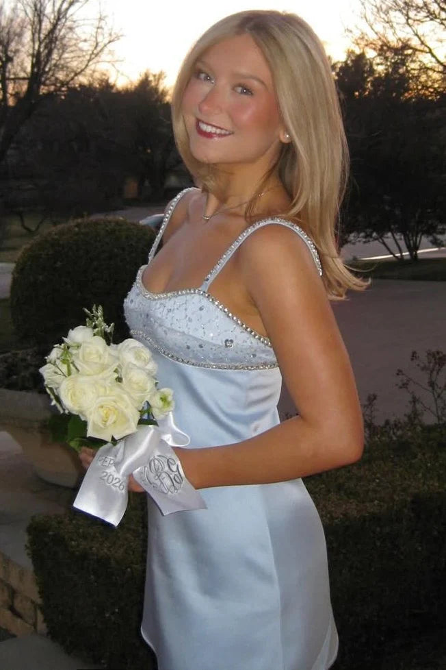 Spaghetti Straps Boat Sequin Top Satin Sheath Mini Homecoming Dress