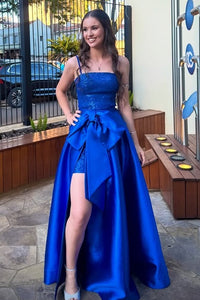Spaghetti Straps Bow Empire A-Line Party Prom Dress With Leg Slit