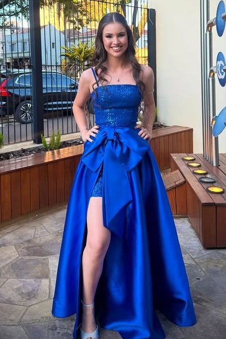 Spaghetti Straps Bow Empire A-Line Party Prom Dress With Leg Slit