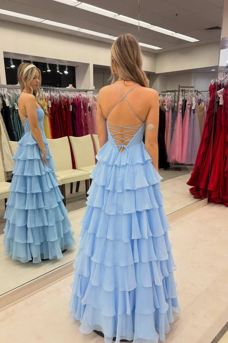 Spaghetti Straps Chiffon A-Line Tiered Maxi Party Prom Dress