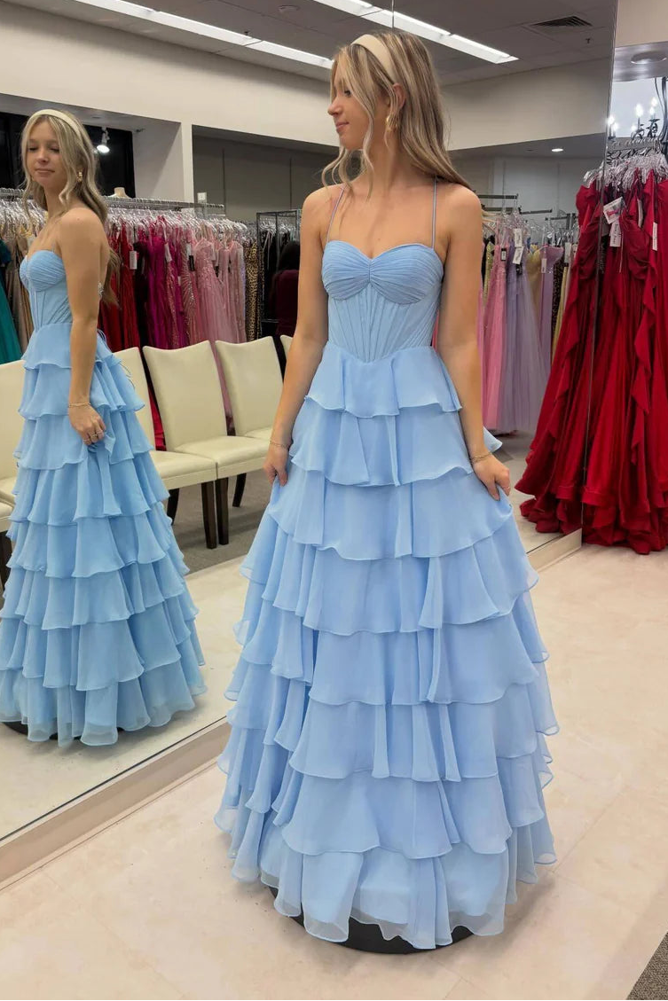 Spaghetti Straps Chiffon A-Line Tiered Maxi Party Prom Dress