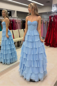 Spaghetti Straps Chiffon A-Line Tiered Maxi Party Prom Dress