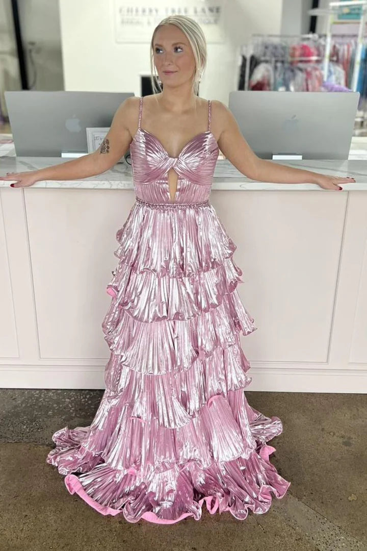 Spaghetti Straps Empire A-Line Tiered Pleated Party Prom Dress