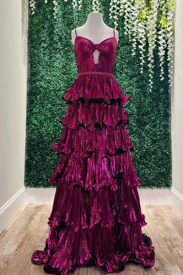 Spaghetti Straps Empire A-Line Tiered Pleated Party Prom Dress