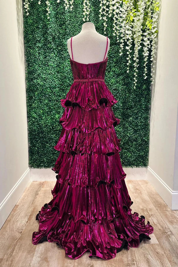 Spaghetti Straps Empire A-Line Tiered Pleated Party Prom Dress