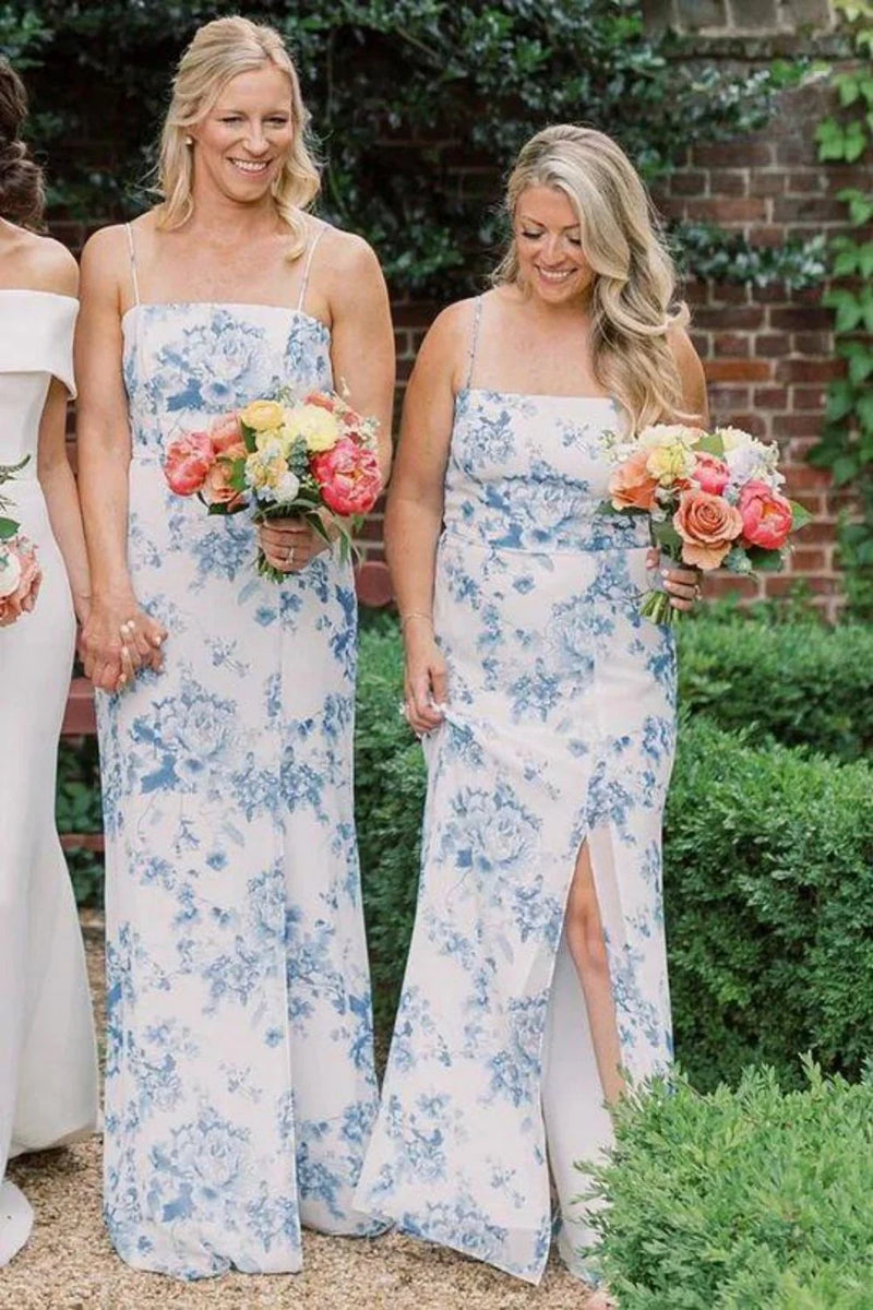 Spaghetti Straps Floral Satin Fitted Split Bridesmaid Dress