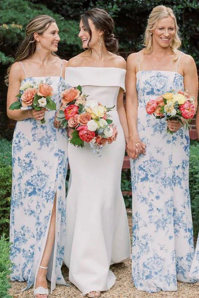 Spaghetti Straps Floral Satin Fitted Split Bridesmaid Dress