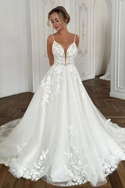 Spaghetti Straps High Waist A-Line Lace Dream Wedding Dress