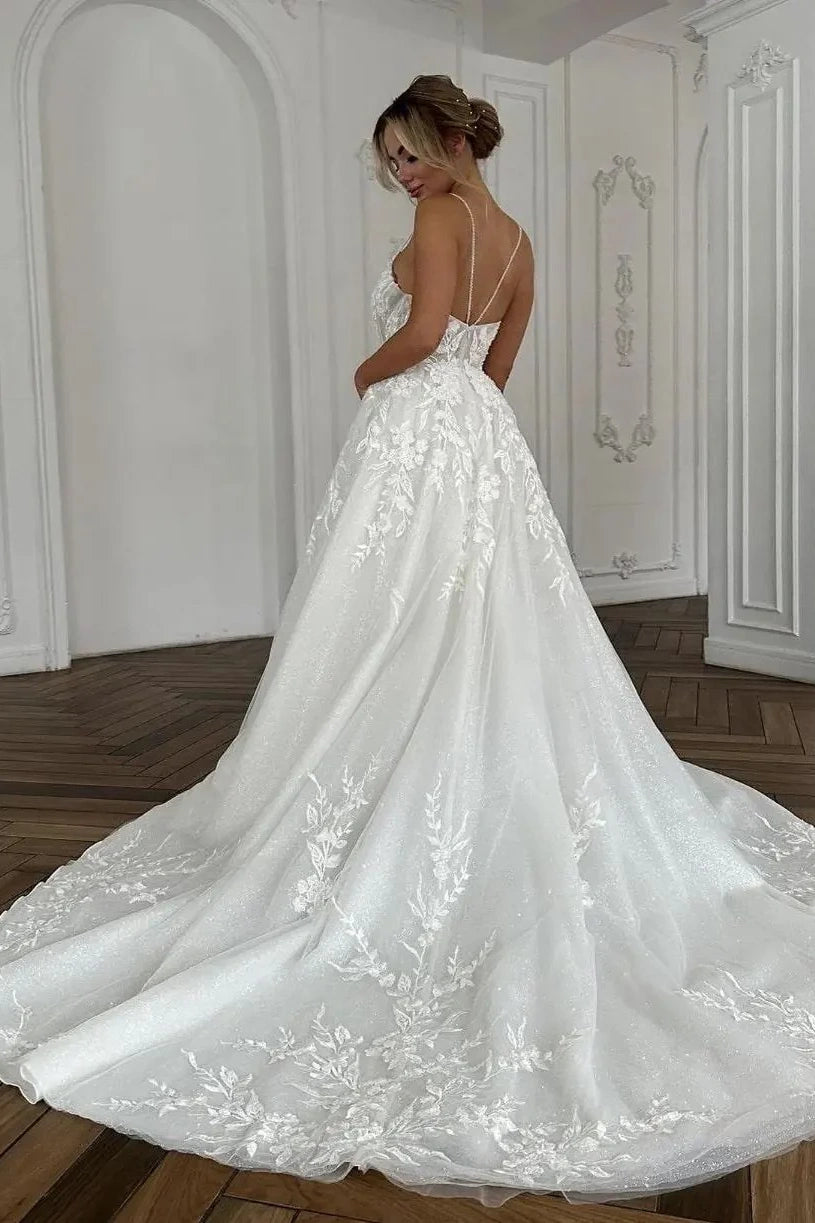 Spaghetti Straps High Waist A-Line Lace Dream Wedding Dress