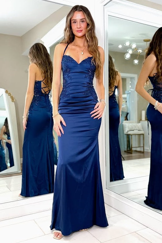 Spaghetti Straps Lace-Up Satin Appliques Floor-Length Party Prom Dress