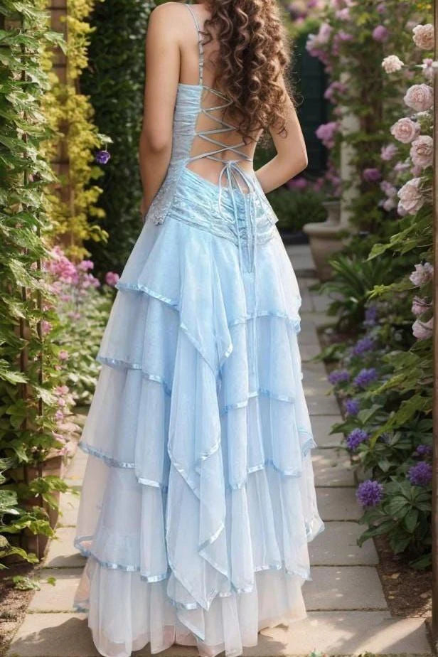 Spaghetti Straps Lace-Up Tiered A-Line Party Prom Dress With Appliques
