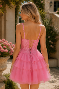 Lace Appliques Chiffon A-Line Lace-Up Tiered Homecoming Dress