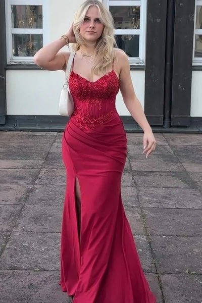 Spaghetti Straps Lace Top Satin Mermaid Party Prom Dress