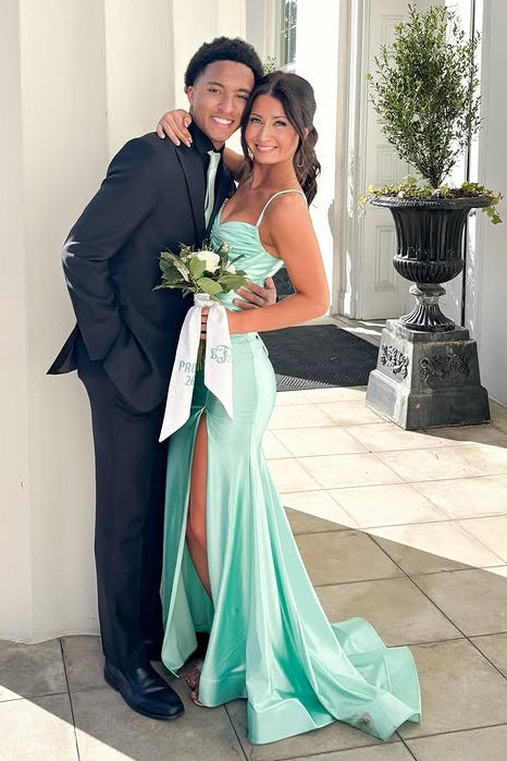Spaghetti Straps Mermaid Empire Leg Slit Satin Party Prom Dress