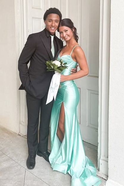 Spaghetti Straps Mermaid Empire Leg Slit Satin Party Prom Dress