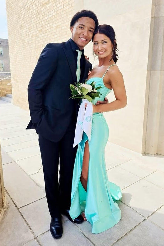 Spaghetti Straps Mermaid Empire Leg Slit Satin Party Prom Dress