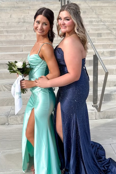Spaghetti Straps Mermaid Empire Leg Slit Satin Party Prom Dress