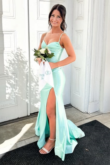 Spaghetti Straps Mermaid Empire Leg Slit Satin Party Prom Dress