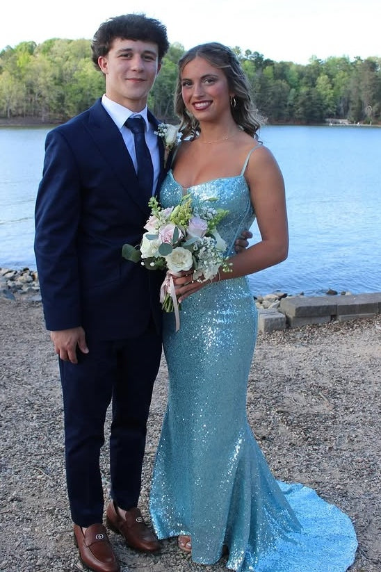 Spaghetti Straps Mermaid Fully Sequin Party Prom Dress With Train