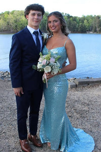 Spaghetti Straps Mermaid Fully Sequin Party Prom Dress With Train