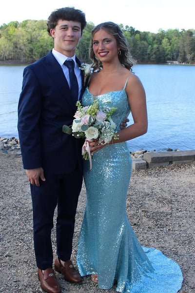 Spaghetti Straps Mermaid Fully Sequin Party Prom Dress With Train
