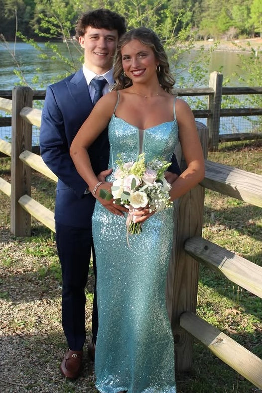 Spaghetti Straps Mermaid Fully Sequin Party Prom Dress With Train