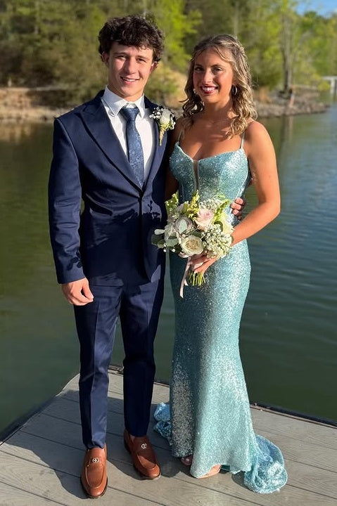 Spaghetti Straps Mermaid Fully Sequin Party Prom Dress With Train