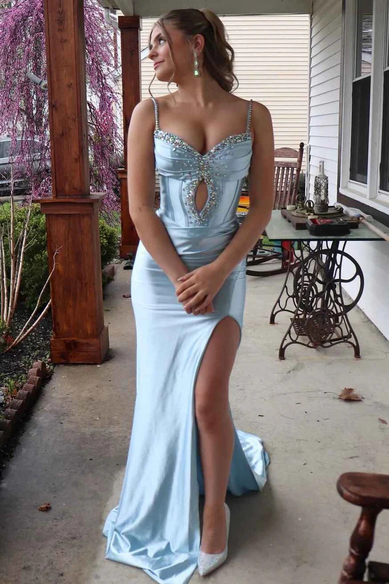 Spaghetti Straps Mermaid Ruched Empire Party Prom Dress With Beaded