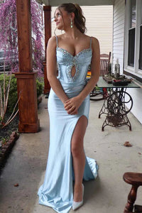 Spaghetti Straps Mermaid Ruched Empire Party Prom Dress With Beaded