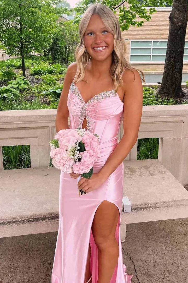 Spaghetti Straps Mermaid Ruched Empire Party Prom Dress With Beaded