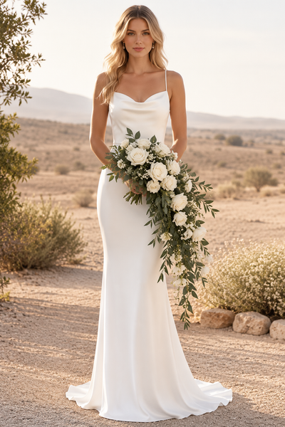 Spaghetti Straps Mermaid Satin Summer Beach Wedding Dress