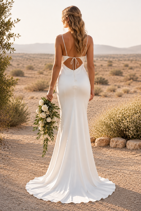 Spaghetti Straps Mermaid Satin Summer Beach Wedding Dress