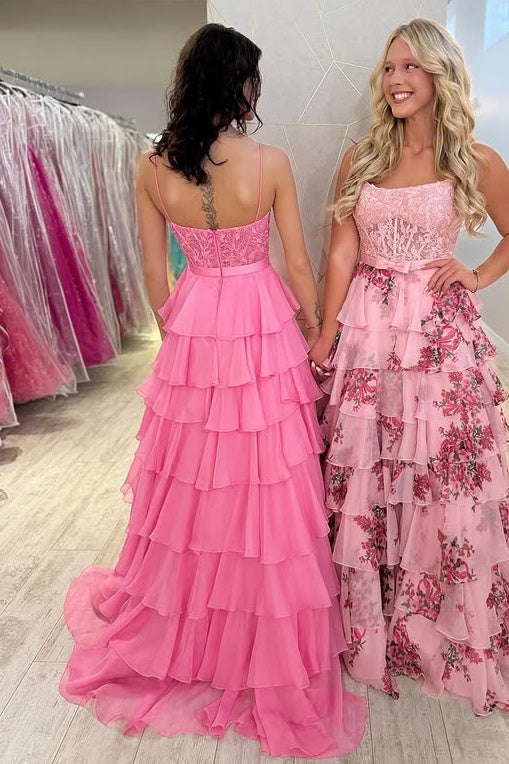 Spaghetti Straps Two Tone Tiered A-Line Formal Party Prom Dress