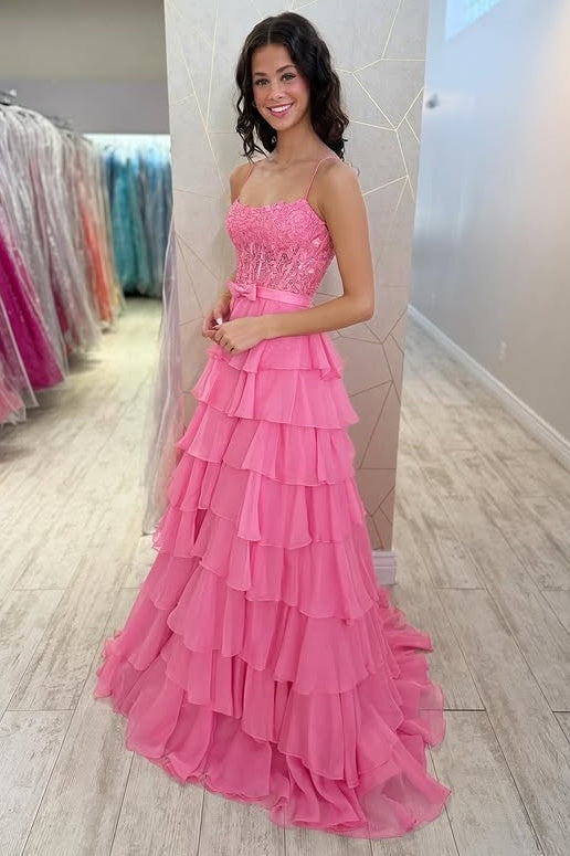 Spaghetti Straps Two Tone Tiered A-Line Formal Party Prom Dress