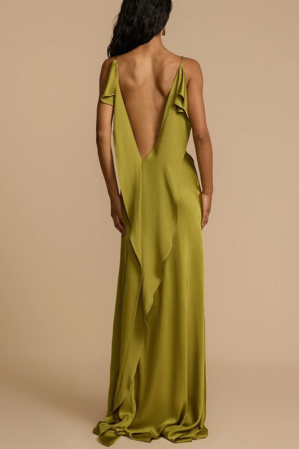 Spaghetti Straps V-Backless Satin Maxi Bridesmaid Dress